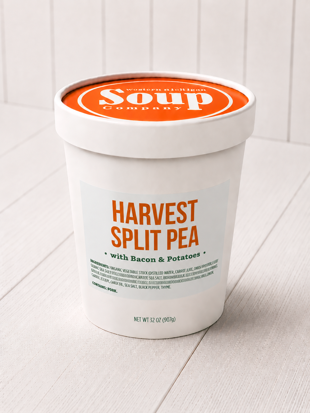Container of Harvest Split Pea soup with Bacon & Potatoes on a white background